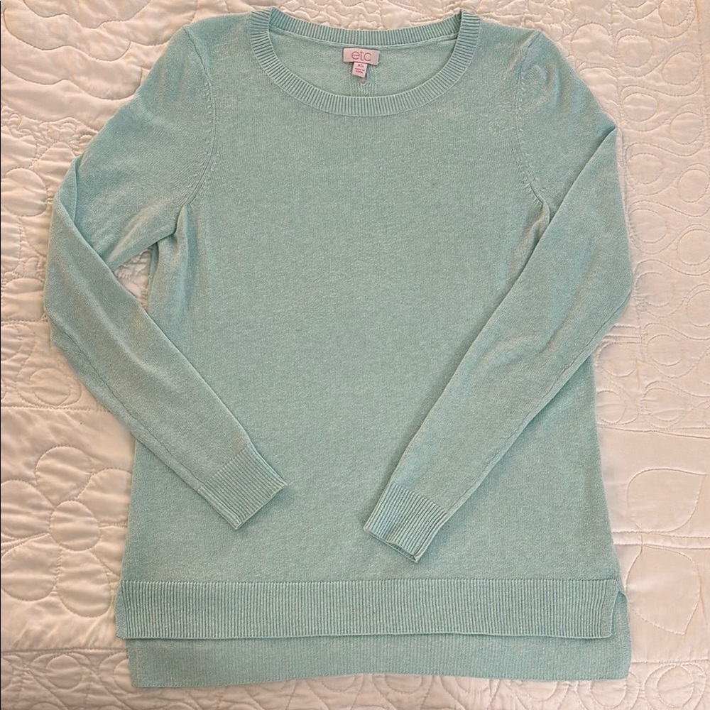 Etcetera Blue Crew Neck Sweater Lightweight Essential Sz XS Cutout